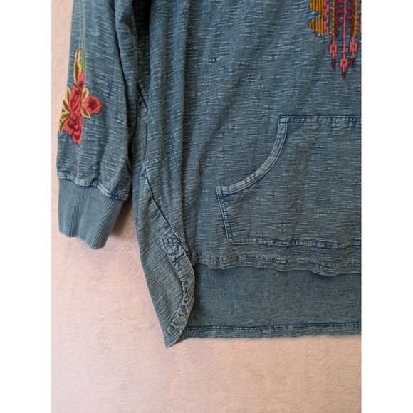 Driftwood Hoodie Women's L Blue Floral Embroidered High-Low Pullover V-Neck - Picture 2 of 9